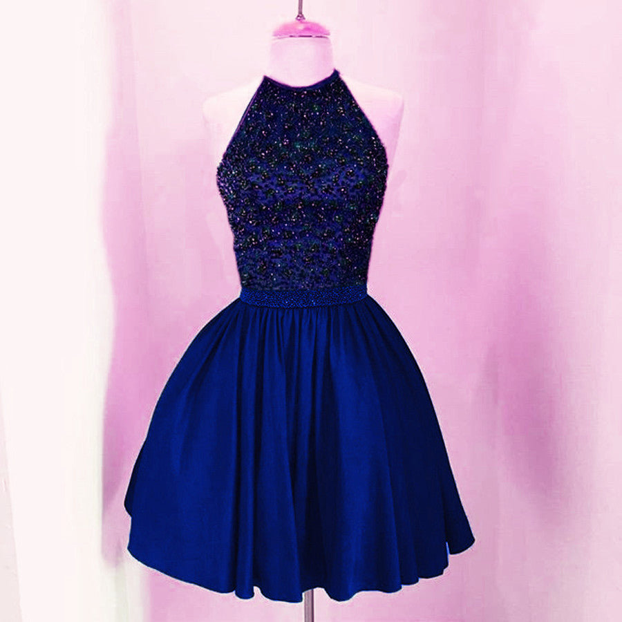 Grape A-line Beaded Halter Satin Homecoming Dresses Short Keyhole Back Prom Dresses
