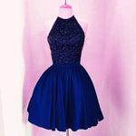 Load image into Gallery viewer, Grape A-line Beaded Halter Satin Homecoming Dresses Short Keyhole Back Prom Dresses
