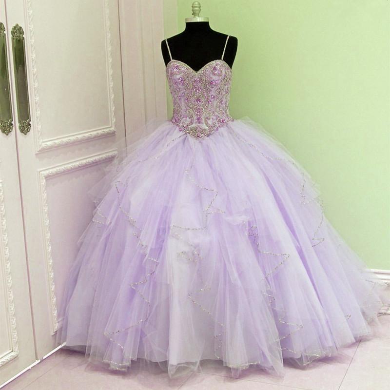 Spaghetti Straps Crystal Beaded Sweetheart Tulle Ruffles Ball Gowns Quinceanera Dresses