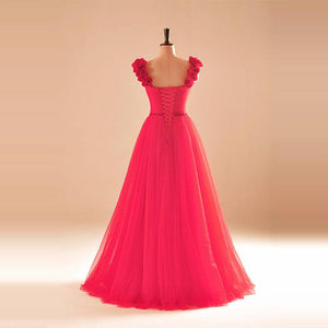 elegant rose flower straps long tulle formal evening dress sexy pleated sweetheart
