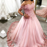 Load image into Gallery viewer, Pink Tulle Sweetheart Ball Gown Wedding Dresses Lace Off The Shoulder
