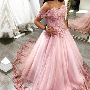 Pink Tulle Sweetheart Ball Gown Wedding Dresses Lace Off The Shoulder