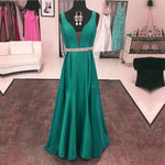 Afbeelding in Gallery-weergave laden, Long Satin V Neck Prom Evening Dresses Beaded Sashes
