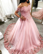 Load image into Gallery viewer, Pink Tulle Sweetheart Ball Gown Wedding Dresses Lace Off The Shoulder
