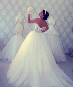 Lace Pearl Beaded Sweetheart Ball Gown Wedding Dresses For Bride