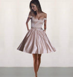 Cargar imagen en el visor de la galería, dust pink satin off shoulder prom short dress beaded sashes
