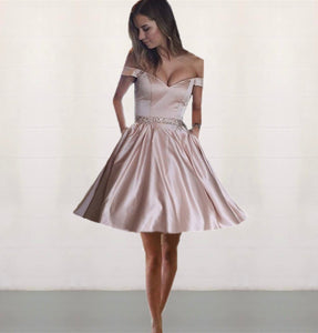 dust pink satin off shoulder prom short dress beaded sashes