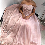 Load image into Gallery viewer, Pink Tulle Sweetheart Ball Gown Wedding Dresses Lace Off The Shoulder
