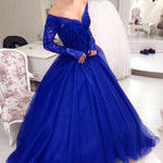 Load image into Gallery viewer, V Neck Off Shoulder Tulle Prom Dresses Ball Gowns Lace Long Sleeves
