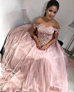 Load image into Gallery viewer, Pink Tulle Sweetheart Ball Gown Wedding Dresses Lace Off The Shoulder
