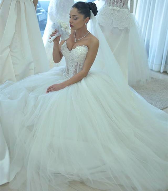 Lace Pearl Beaded Sweetheart Ball Gown Wedding Dresses For Bride