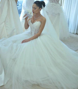 Lace Pearl Beaded Sweetheart Ball Gown Wedding Dresses For Bride