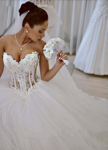 Romantic Lace Pearl Sweetheart Corset Tulle Wedding Dress 2019