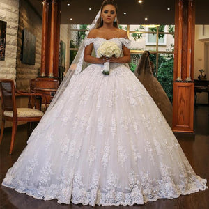 Royal Train Lace Wedding Dresses Ball Gowns Off-the-shoulder