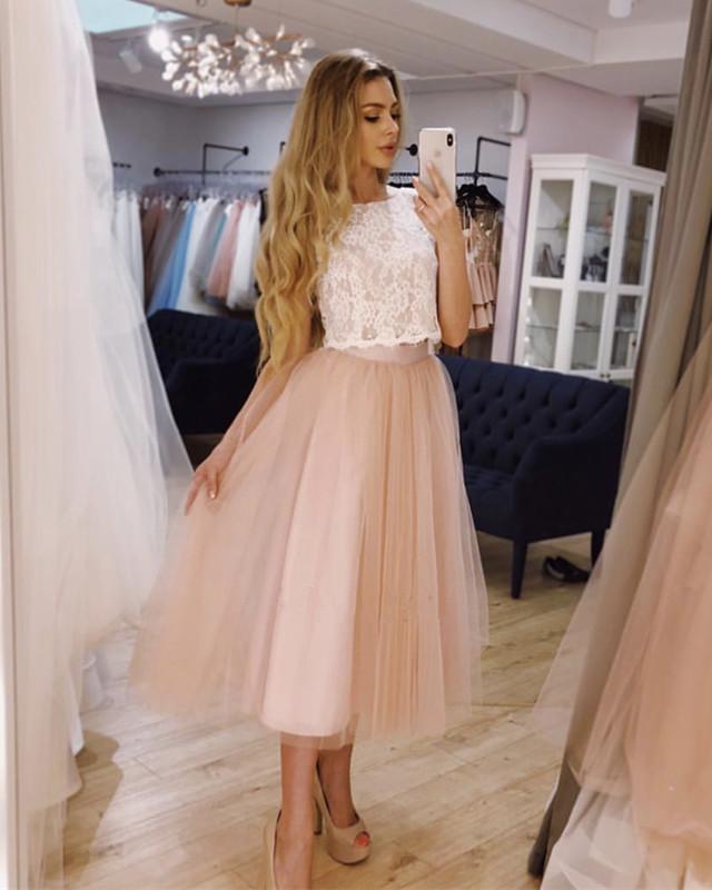 Chic Lace Crop Tea Length Prom Dresses Two Piece