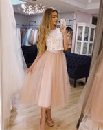 Load image into Gallery viewer, Chic Lace Crop Tea Length Prom Dresses Two Piece
