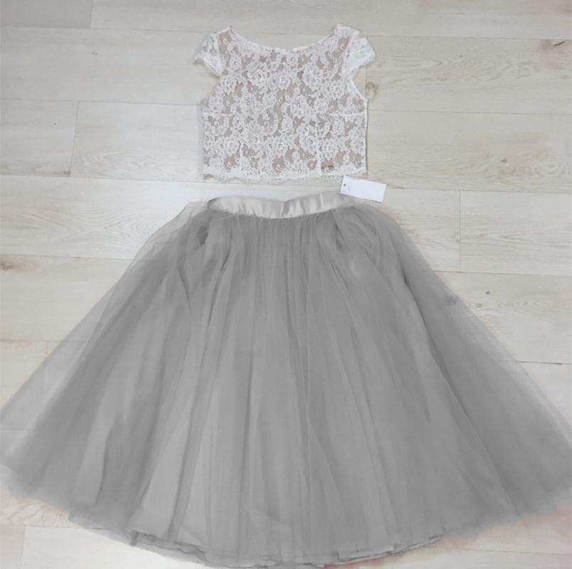 Chic Lace Crop Tea Length Prom Dresses Two Piece