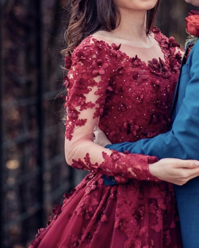 Lace Embroidery Long Sleeves Princess Ball Gowns Wedding Dresses