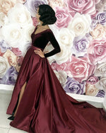 Cargar imagen en el visor de la galería, Long-Sleeves-Prom-Dresses-Velvet-Evening-Satin-Gowns
