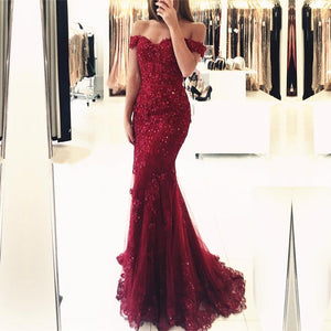 Off Shoulder Lace Mermaid Prom Dresses Elegant Formal Gowns