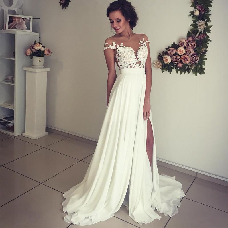 Lace Appliques Cap Sleeves Chiffon Beach Wedding Dresses With Slit