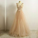 Load image into Gallery viewer, A Line Lace Cap Sleeves Long Champagne Tulle Evening Dresses
