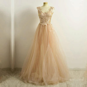 A Line Lace Cap Sleeves Long Champagne Tulle Evening Dresses