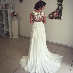 Lace Appliques Cap Sleeves Chiffon Beach Wedding Dresses With Slit