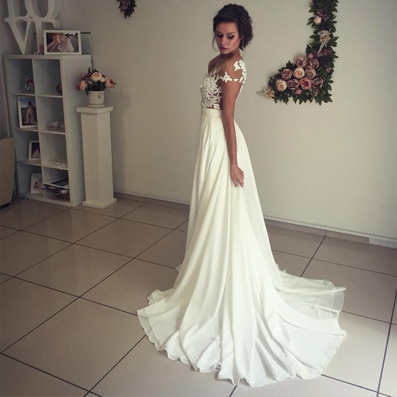 Lace Appliques Cap Sleeves Chiffon Beach Wedding Dresses With Slit