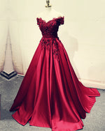 Load image into Gallery viewer, V-neck Off Shoulder Satin Prom Dresses Lace Beaded Evening Gowns
