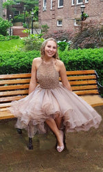 Load image into Gallery viewer, Short Beaded Halter Organza Ruffles Champagne Homecoming Dresses 2017
