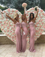 Load image into Gallery viewer, Blush-Pink-Bridesmaid-Dresses-Mermaid-Sweetheart-Evening-Gowns-Lace-Appliques
