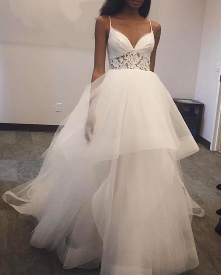 A Line V Neck Ruffles Tulle Princess Wedding Dresses Lace Appliques