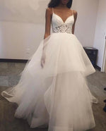 Load image into Gallery viewer, A Line V Neck Ruffles Tulle Princess Wedding Dresses Lace Appliques
