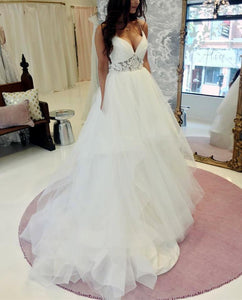A Line V Neck Ruffles Tulle Princess Wedding Dresses Lace Appliques
