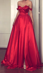 Load image into Gallery viewer, Lace Flowers Sweetheart Off The Shoulder Long Satin Prom Dresses
