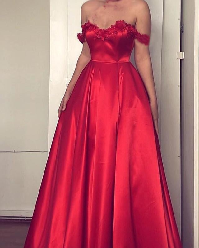 Lace Flowers Sweetheart Off The Shoulder Long Satin Prom Dresses