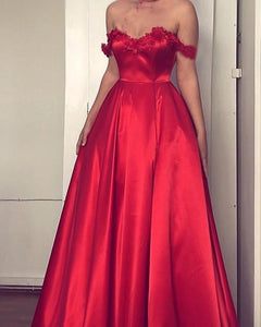 Lace Flowers Sweetheart Off The Shoulder Long Satin Prom Dresses