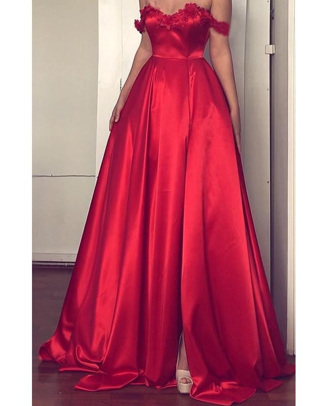 Lace Flowers Sweetheart Off The Shoulder Long Satin Prom Dresses