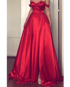 Lace Flowers Sweetheart Off The Shoulder Long Satin Prom Dresses