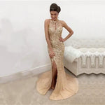 Load image into Gallery viewer, Champagne Crystal Beaded Mermaid Prom Dresses Halter Evening Gowns
