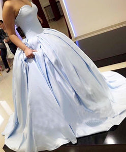 Light Blue Satin Sweetheart Ball Gowns Prom Dresses 2019