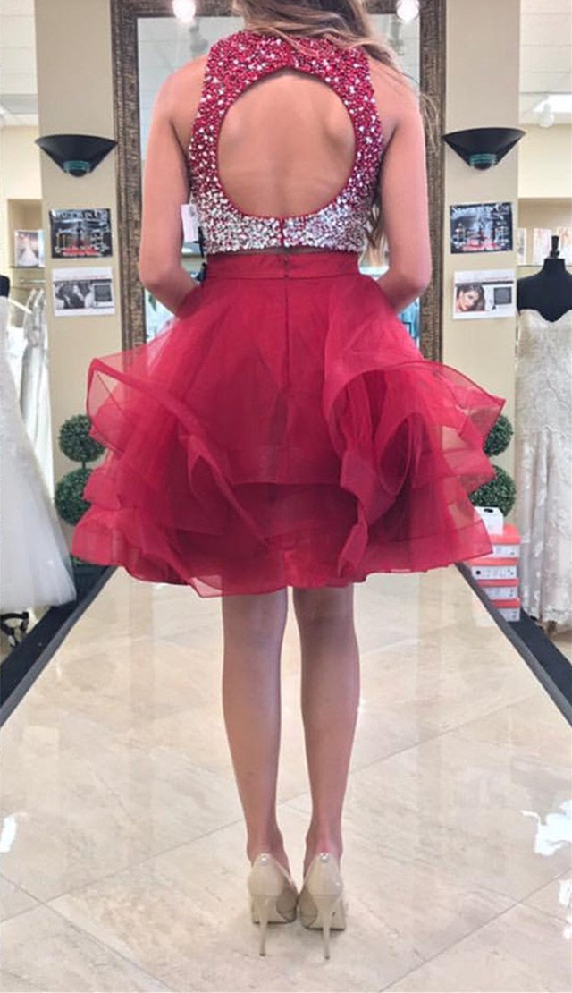 Two Piece Ruffles Ball Gown Homecoming Dresses With Ombre Sequins And Beaded