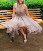 Load image into Gallery viewer, Short Beaded Halter Organza Ruffles Champagne Homecoming Dresses 2017
