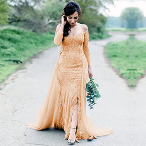 Off Shoulder Lace Mermaid Dresses With Split