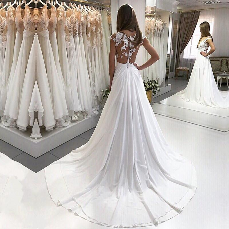 Boho Chic Lace Appliques Long Chiffon Beach Wedding Dresses 2022
