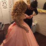 Load image into Gallery viewer, Gold Lace Long Sleeves Pink Satin Bow Back Wedding Dresses Ball Gowns
