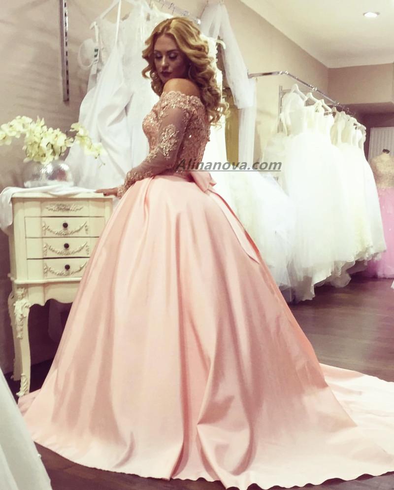 Gold Lace Long Sleeves Pink Satin Bow Back Wedding Dresses Ball Gowns