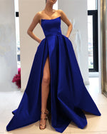 Cargar imagen en el visor de la galería, Royal Blue Prom Dresses Long Satin Strapless Evening Gowns With Slit
