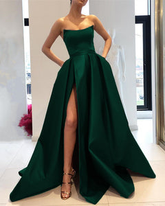 Royal Blue Prom Dresses Long Satin Strapless Evening Gowns With Slit